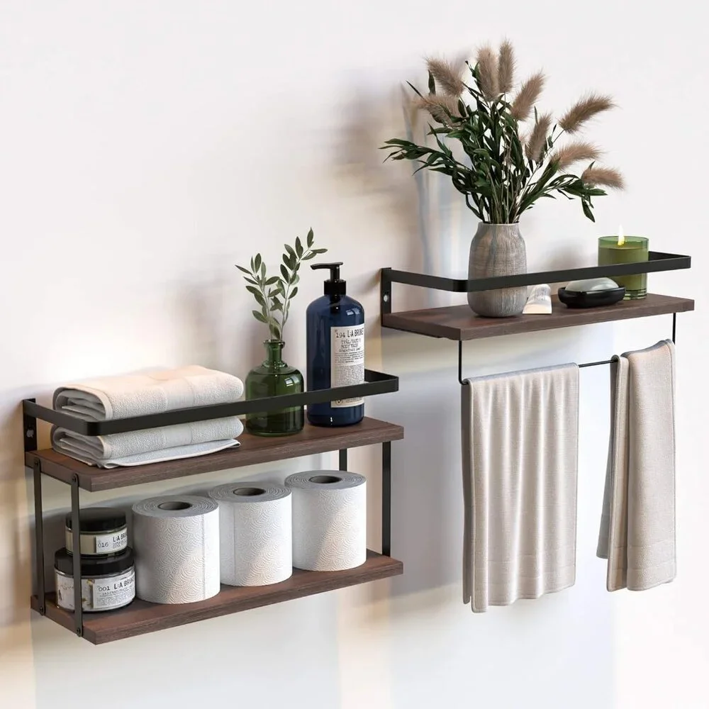 HOUSE 2+1 Tier Wall Mounted Floating Shelves Set of 2, Rustic Wood Shelf